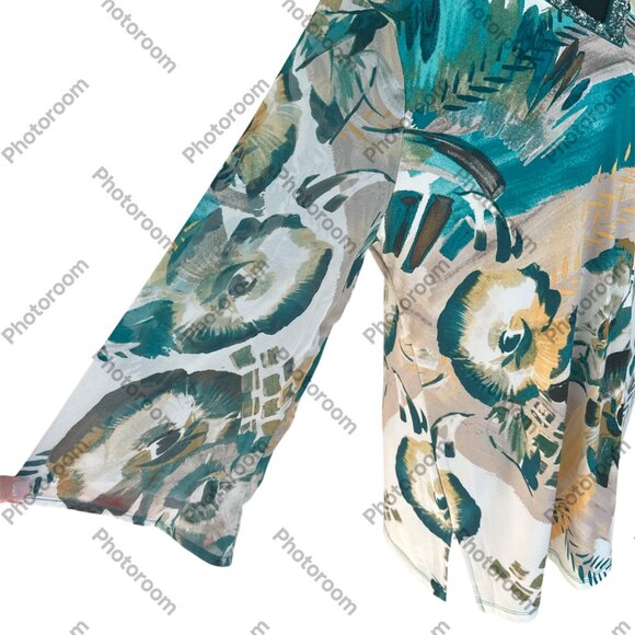 JM Collection Large Teal Floral Beaded VNeck 3/4 Sheer Sleeve Blouse - Picture 4 of 7
